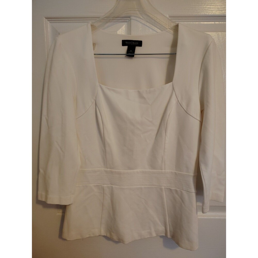 White House Black Market Women’s White Solid Square Neck 3/4 Sleeve Blouse M